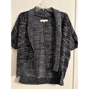 Ann Taylor Loft Sz M Marled Knit Short Sleeve Open Cardigan Sweater Black White
